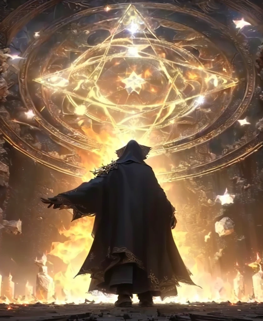 a person standing in front of a large star surrounded by fire, an arcane wizard casting a spell, spell casting wizard, occultist, holy flame spell, spell casting, summoning spell, casting a protection spell, archmage, casting a powerful spell, he is casting a lighting spell, holy fire spell art, mage the ascension, fate grand order, (best quality,4k,8k,highres,masterpiece:1.2),ultra-detailed,(realistic,photorealistic,photo-realistic:1.37),intricate details, vibrant colors, natural lighting, dreamlike atmosphere, enchanting, ethereal