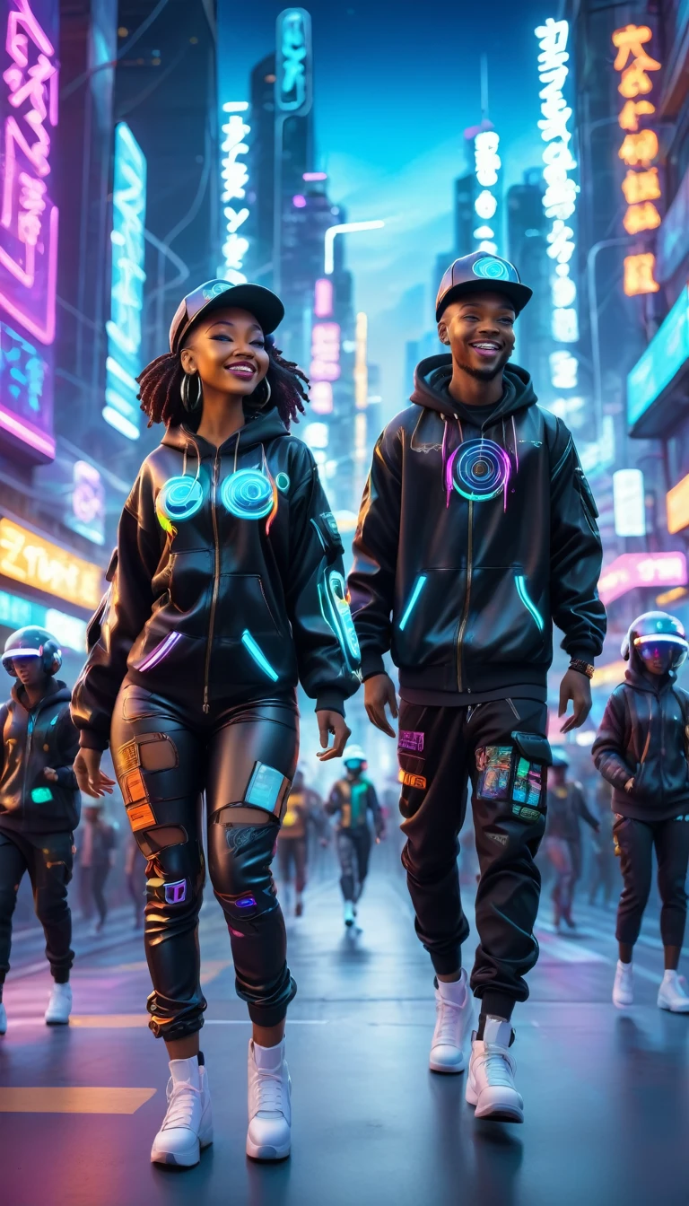 BLACK people dressed in urban clothes, 1 hood, Futuristic hat with visor, In a high-tech cityscape with neon lights and holographic signs、HAPPY DANCING on the road. The background is modern and cyberpunk, high tech vibe. Lovely Digital Painting, 3D rendering, Bright lighting, swirly vibrant colors.