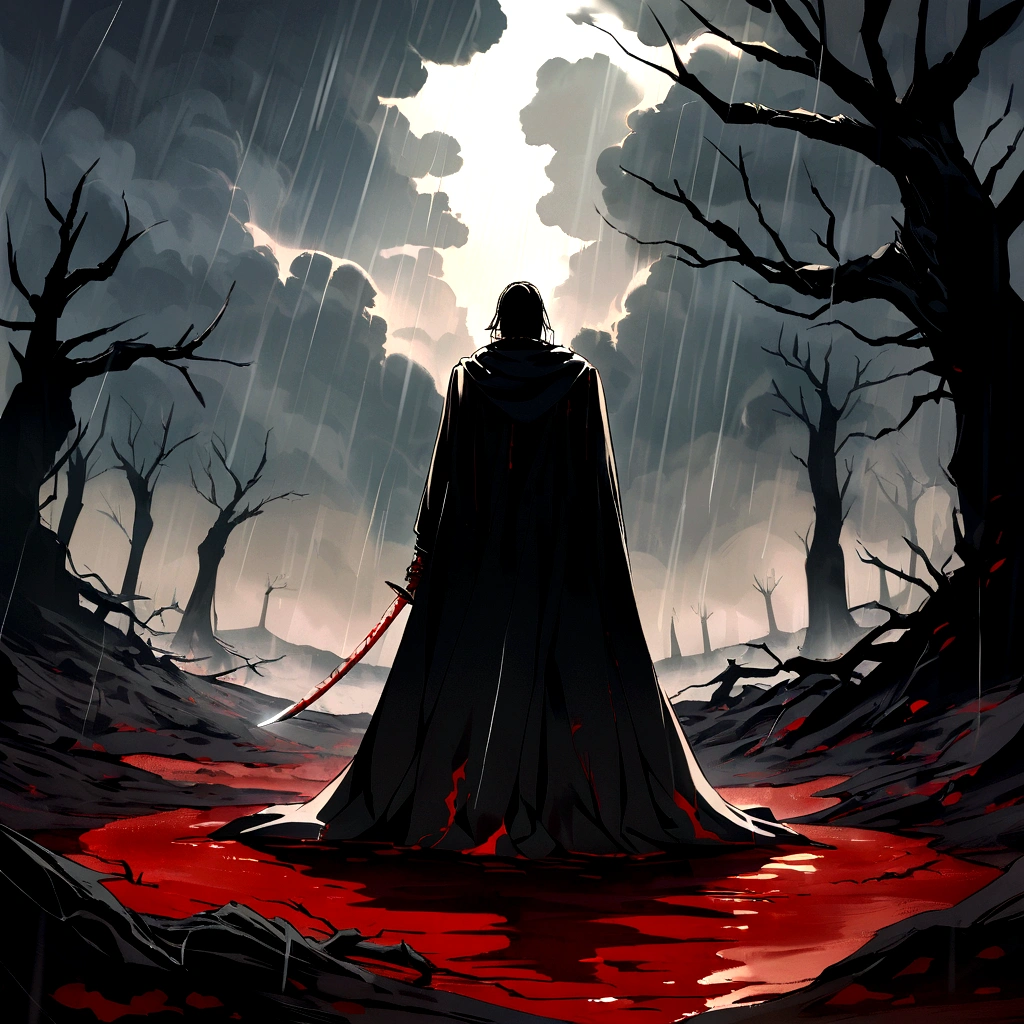 On a cloudy and gloomy day, with dense clouds blocking almost all sunlight, a young warrior with a serious expression and piercing eyes stands out in the desolate scenery. Wearing a torn black cloak and holding a shining katana, he is surrounded by a barren landscape with twisted trees. From the sky, a rain of blood falls, creating scarlet puddles on the ground and staining his clothes and hair. Despite this, the warrior remains impassive and determined. The scene's lighting uses dark contrasts, with deep shadows and points of light highlighting the character and the macabre rain of blood, resulting in a dramatically impactful image.