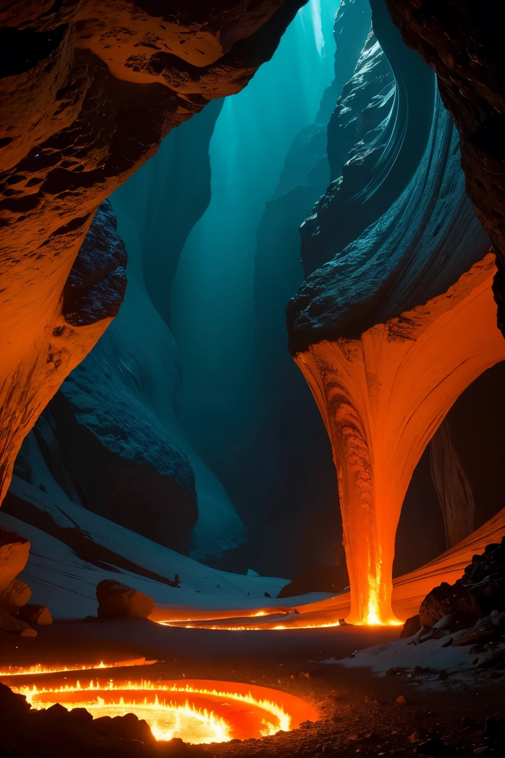 Create an image of a mysterious and impressive cave in 4K resolution and in aspect ratio 16:9. Not inside the cave, show rivers of incandescent lava that illuminate the environment with warm shades of red, orange and yellow. Add glowing stalactites and stalagmites that reflect the glow of the lava, Giving a magical touch to the scene. Incorporate details like glowing rocks and vapors emanating from the ground, creating an intense and warm atmosphere. Make sure warm colors dominate the image palette, providing a feeling of warmth and energy.