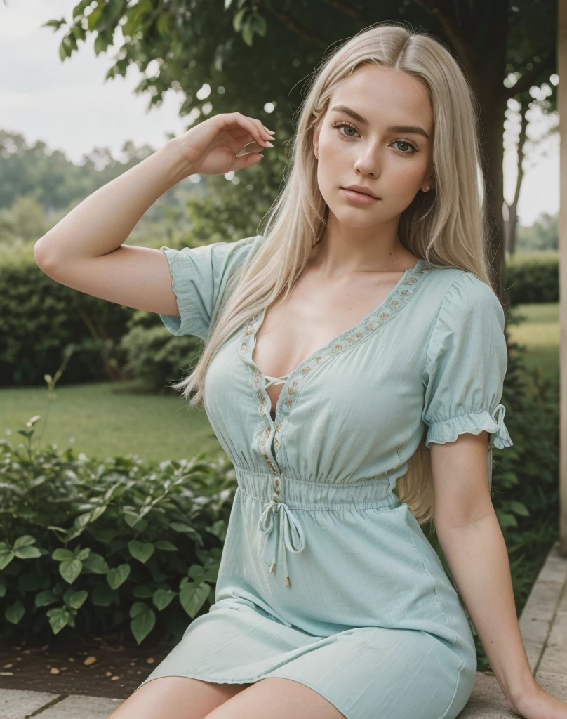 (best quality, 8k, 32k, masterpiece, UHD:1.2), selfie, masterpiece, perfect portrait, (..RAW), natural lighting, photo of a (((Best Quality)), ((Masterpiece)), (Detailed), Perfect Face, 1.1, Highly Detailed Face and Skin Structure, Detailede Augen, 21 Year Old Ukrainian Shatnek., Cute Vacation Pictures, Cute Modern , Cute Makeup , aesthetic photos on Instagram (full body) (old money style) , (very straight platinum hair), perfect face, closed mouth, (extremely detailed eyes),Jiggle Physics, (highly detailed skin), pale skin, photographed on a Canon AE-1 , 45mm f1.7 lens, 50 mm, ISO 600, ((filmic grain)), (Full body) (summer wear) in an old money style dress
