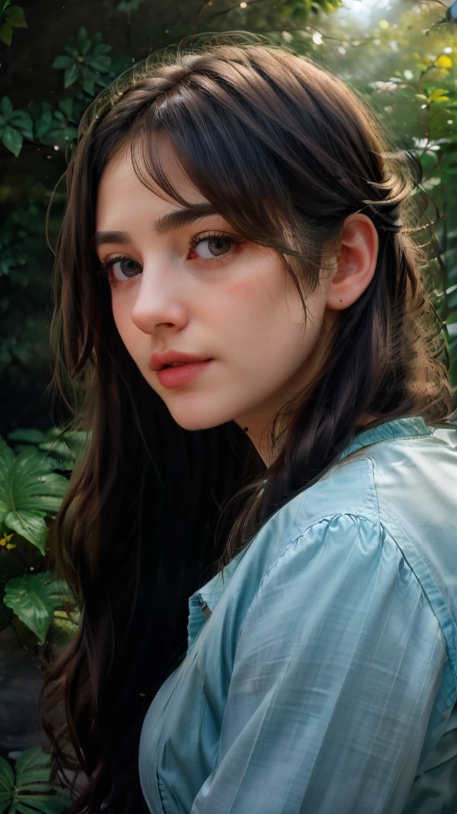 1girl, beautiful girl, detailed eyes, detailed lips, long eyelashes, realistic portrait, cinematic lighting, highly detailed, 8k, photorealistic, studio lighting, vibrant colors, warm color palette, natural lighting, detailed skin, intricate hair strands, elegant expression, serene atmosphere, outdoor garden setting, flowery background, lush foliage, sunlight filtering through leaves