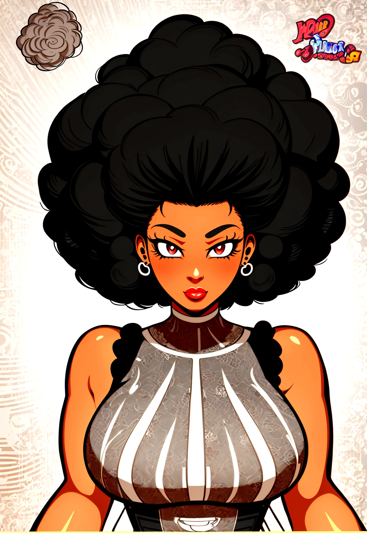character design image, vector art, of a black woman in her 40s with big afro hair, retro, vector sketch style illustration, adobe illustrator sketch art style, vector sketch art style, in digital illustration style , highly detailed character design, vector cartoon art, afro, character design portrait
