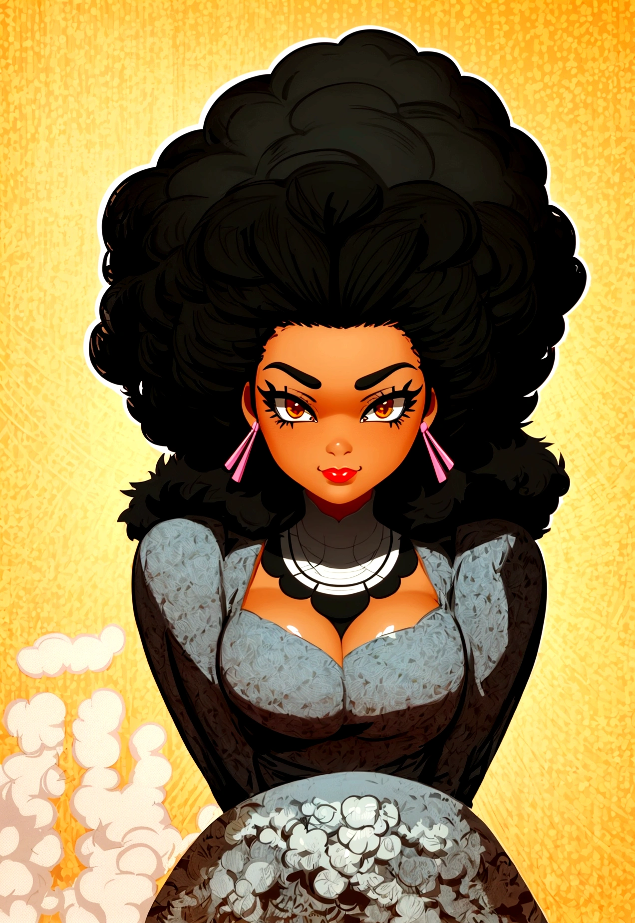 character design image, vector art, of a black woman in her 40s with big afro hair, retro, vector sketch style illustration, adobe illustrator sketch art style, vector sketch art style, in digital illustration style , highly detailed character design, vector cartoon art, afro, character design portrait