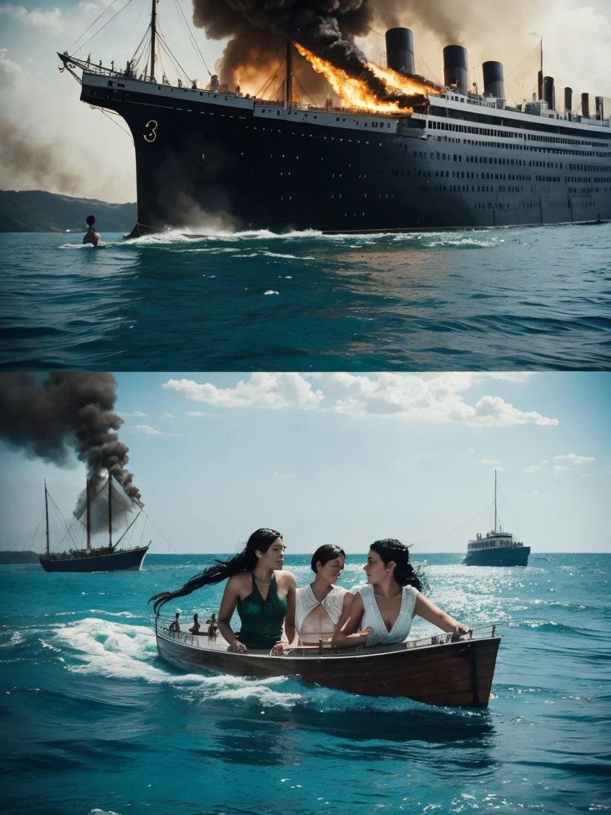 A scene from the Titanic movie, two women, one with black hair and one with green hair, are swimming on a wooden board after the ship has sweated. The background of the big ship is burning. Movie scene. Two are severely injured, but there is no other way, they have to save themselves.
