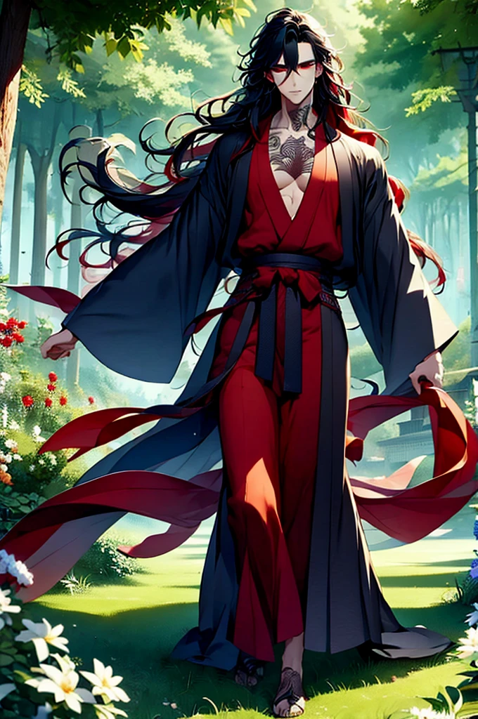 illustration, mo dao zu shi, solo, 1 man, lonely, black and red wavy long hair, red beautiful eyes, detailed eyes, perfect eyes, muscular body, wearing hanfu, Chinese male hanfu, folk costume, tattooed neck, detailed snake neck tattoo, Manga drawn by Kentaro Miura, wild style, full body shot, luxurious scenery, AImanhwa style, masterpiece, UHD , awrad award-winning design, Artstation, sharp image, high definition, rich in detail, detailed, (ultra detailed), (illustration) , (masterpiece :1.2),(best quality:1.2)