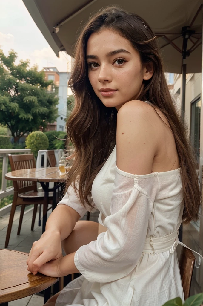 Create a very realistic and beautiful model with the following detailed features: Gender: Female, Age: Young adult (approximately 20-25 years old), Hair: Long, wavy and reddish with a natural shine, gently cascading around the shoulders and back back. . . . . . . . . . . , Eyes: Bright green with a captivating, slightly almond-shaped look, detailed with natural highlights, Skin: Fair complexion with a light texture, including natural freckles on the nose and cheeks, giving a youthful and vibrant appearance: Fair complexion with a light texture, including natural freckles on the nose and cheeks, giving a youthful and lively appearance, Face: with a smooth and natural contour, soft, full lips with a slight pinkish tint and a slightly delicate upturned nose, Expression : a gentle face, with a touch of mischief, which conveys warmth and approachability, Clothing: a flowing orange dress, bright orange color, Context: the model is on an elegant, flowery street, sitting at a table in an open-air restaurant , glass of iced tea on the table, , clear sunny day, view of trees in the background.
Pose: relaxed and confident posture, sitting at a table in an outdoor restaurant, glass of iced tea on the table, , clear sunny day, view of trees in the background.aesthetic, Unsplash, Neoclassicism, Background complex, Best quality, hyper detailed, Gratty Sita, 64K, Light design