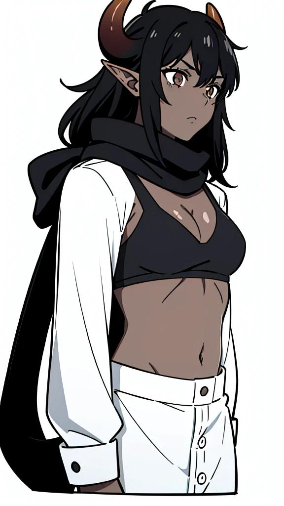 (1girl ,25s,adult,mature female),long hair, black hair,horns,elf ears,((black scarf)),cleavage,(((dark skin))),(black sports bra, midriff),(white background, line drawing),long sleeves, upper body,looking at view