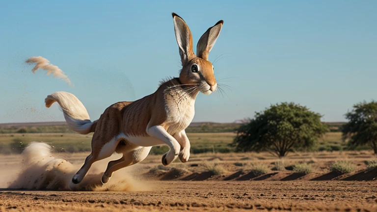 : The hare sprinting ahead with incredible speed, leaving a cloud of dust behind.