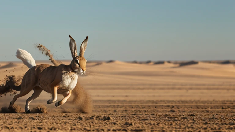 : The hare sprinting ahead with incredible speed, leaving a cloud of dust behind.