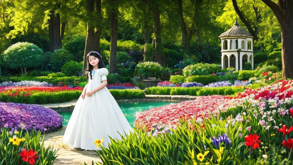 Scene: Snow White, a -year-old giis plng in a flower garden. She is wearing a simple dress, but it doesn't hide her natural beauty. Her black hair falls in curls over her shoulders and her brown eyes shine with joy.

Details:

Snow White:
Young and beautiful, seven years old.
S snow, hair as black as ebony, and lips as red as blood.
Joyful and innocent expression, with a radiant smile on her face.
Dressed in a simple dress, but one that highlights her natural beauty.
Playing in the middle of a flower garden, surrounded by colorful flowers and butterflies.
Scenario:
Flower garden, with a variety of colorful flowers and butterflies flying around.
Tall trees provide shade from the sun, while rays of golden light penetrate between the leaves.
A crystal clear stream runs through the garden, creating a peaceful and relaxing environment.
In the background, you can see the queen's castle, with its tall and imposing towers.
Text:
The quote "Snow White was growing up and every day she becad more beautiful. When she reached the age of seven, she became as beautiful as thright dd more beautiful than the queen herself." is written in the air, next to Snow White, as if it were a narrator telling the story.
The words must be written in a delicate and elegant handwriting, with soft and harmonious colors.
Emotion:

Innocence, joy, beauty, purity, happiness.
Style:

Realistic, with attention to detail and texture.
Natural and soft lighting, creating an atmosphere of peace and tranquility.
Vibrant colors, but with predominant pastel tones, to convey Snow White's innocence and purity.