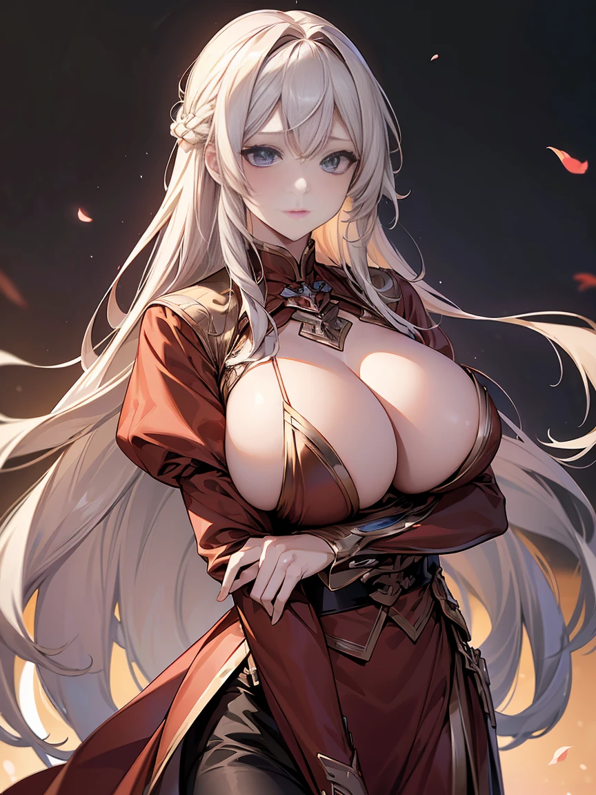 (( (masterpiece)，（Very detailedな CG Unity 8k 壁紙），(Half-length photo:1.5), best quality，Cinema Lighting，Reality, Detailed background，Pretty and beautiful eyes，Bright Eyes，（Very elegant and beautiful），（Beautifully detailed eye depiction），Very detailed，masterpiece，high resolution)), Richly decorated armor, Beautiful female warrior, Long hair, Platinum blonde hair, cleveage、Huge breasts、Various actions、All kinds of clothes、Red clothing、Various postures