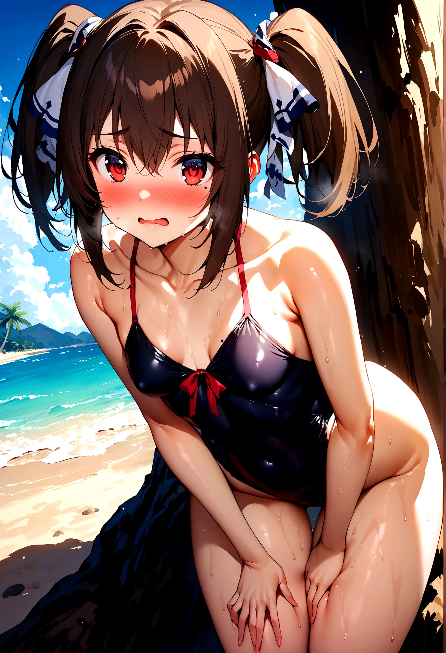 NSFW,masterpiece,Highest quality,High resolution,Super detailed,Nekone \(Utawarerumono\),Brown Hair、（Red Eye：1.3）、ribbon,Twin tails、ヘアribbon、Mole、目の下のMole,Small breasts,High-quality sexy swimsuit,beach,Palm tree,Rock Shade,Embarrassed,blush,(Seduce),(Strong-faced men),A man rubs my buttocks