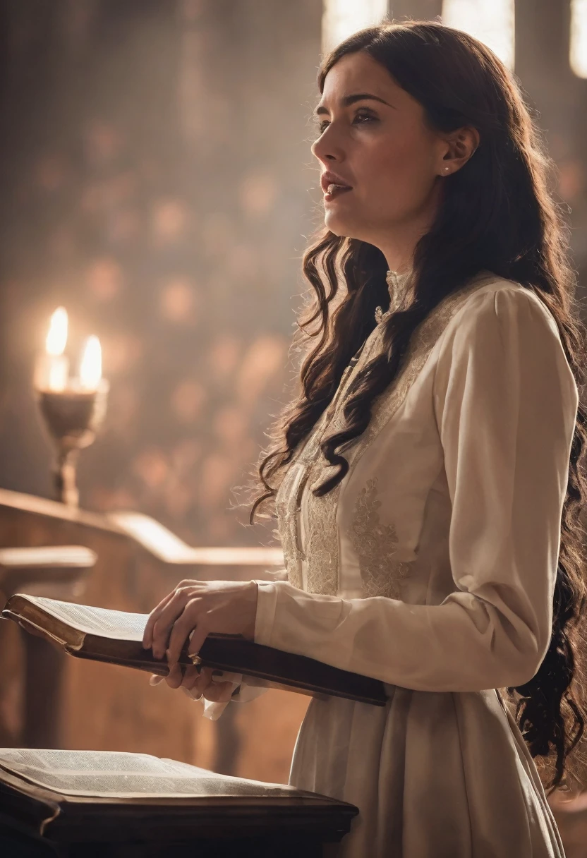 Realistic front photograph of a woman with long hair speaking from a wooden pulpit, open Bible on the pulpit, passionate expression, dramatic lighting, modern protestant church environment, 200mm lens, sharp focus, high resolution