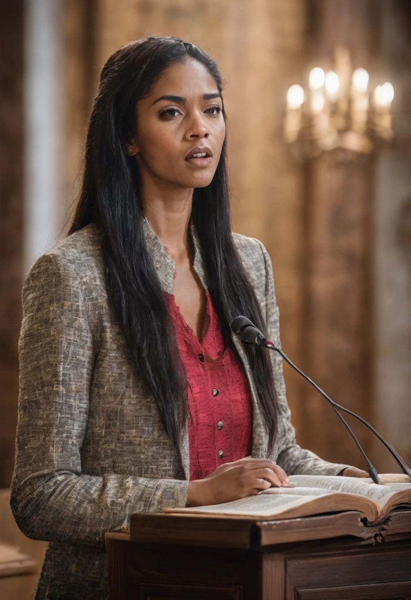 Realistic front photograph of a woman with long hair speaking from a wooden pulpit, open Bible on the pulpit, passionate expression, dramatic lighting, modern protestant church environment, 200mm lens, sharp focus, high resolution