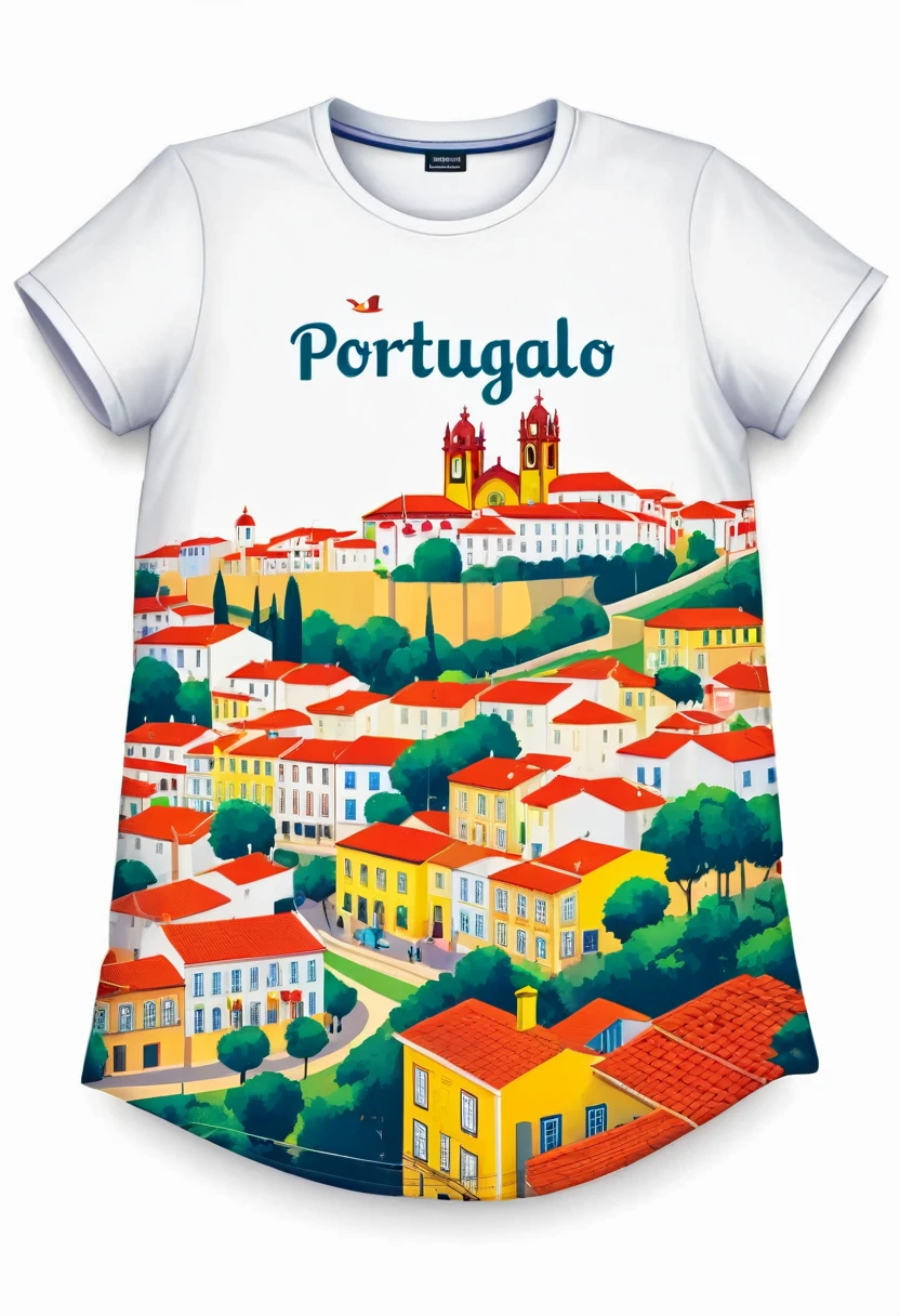 A t-shirt with graphic design art, flat illustration of Portugal with the city of Barcelos, colorful tones, highly detailed cleanliness, imagem vectorial, photorealistic masterpiece, professional photograpy, plain white background, isometric, Vibrant, vector
