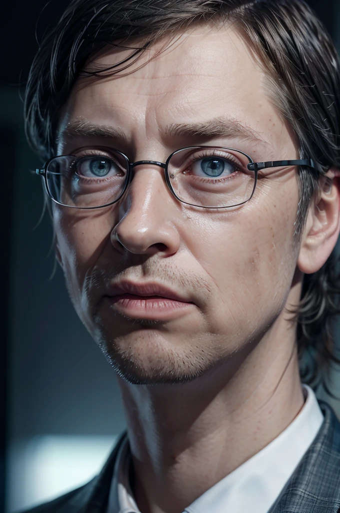 a detailed portrait of Bill Gates, former director of Microsoft, highly realistic, 8k, photorealistic, professional studio lighting, masterpiece, detailed face, piercing eyes, sharp focus, elegant expression, business suit, serious expression, corporate background, blue tones, dramatic lighting, high quality