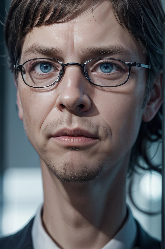 a detailed portrait of Bill Gates, former director of Microsoft, highly realistic, 8k, photorealistic, professional studio lighting, masterpiece, detailed face, piercing eyes, sharp focus, elegant expression, business suit, serious expression, corporate background, blue tones, dramatic lighting, high quality