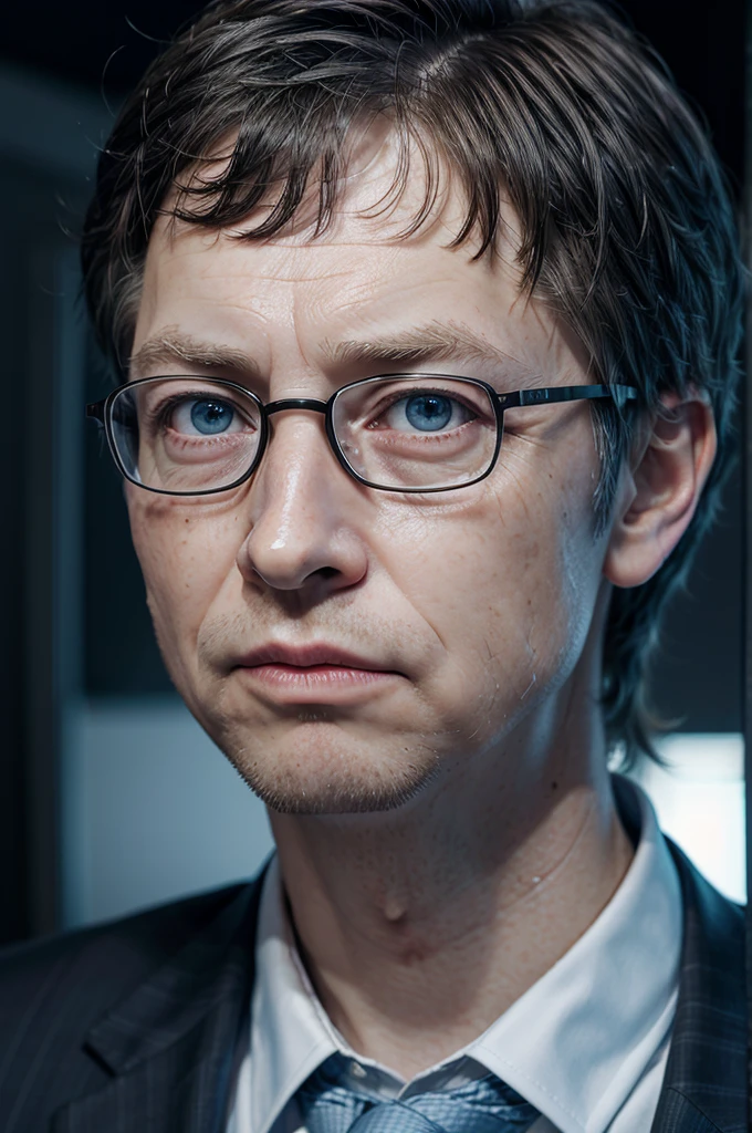 a detailed portrait of Bill Gates, former director of Microsoft, highly realistic, 8k, photorealistic, professional studio lighting, masterpiece, detailed face, piercing eyes, sharp focus, elegant expression, business suit, serious expression, corporate background, blue tones, dramatic lighting, high quality