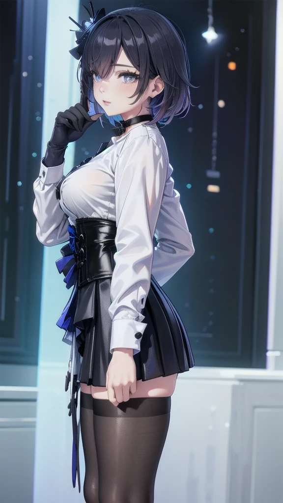 Masterpiece, Beautiful art, professional artist, 8k, Very detailed face, Detailed clothing, detailed fabric, 1 girl, Soul Fullness \(Honkai Impact 3rd\), front view, standing, perfectly drawn body, shy expression, pale skin, beautiful face, short dark blue hair, 4k eyes, very detailed eyes, pink cheeks, choker:1.6, (white long sleeve button down shirt with white collar), black gloves, gloves that cover hands, (black leather corset), (shiny black tight mini skirt), Sensual Lips , winter night, show details in the eyes, looking at the viewer, elegant room, at night