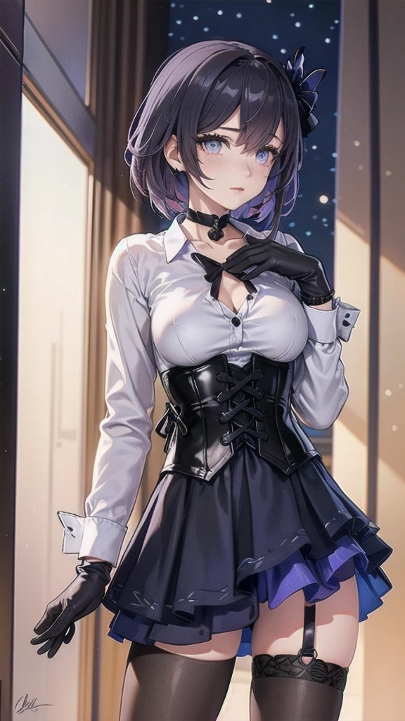 Masterpiece, Beautiful art, professional artist, 8k, Very detailed face, Detailed clothing, detailed fabric, 1 girl, Soul Fullness \(Honkai Impact 3rd\), front view, standing, perfectly drawn body, shy expression, pale skin, beautiful face, short dark blue hair, 4k eyes, very detailed eyes, pink cheeks, choker:1.6, (white long sleeve button down shirt with white collar), black gloves, gloves that cover hands, (black leather corset), (shiny black tight mini skirt), Sensual Lips , winter night, show details in the eyes, looking at the viewer, elegant room, at night