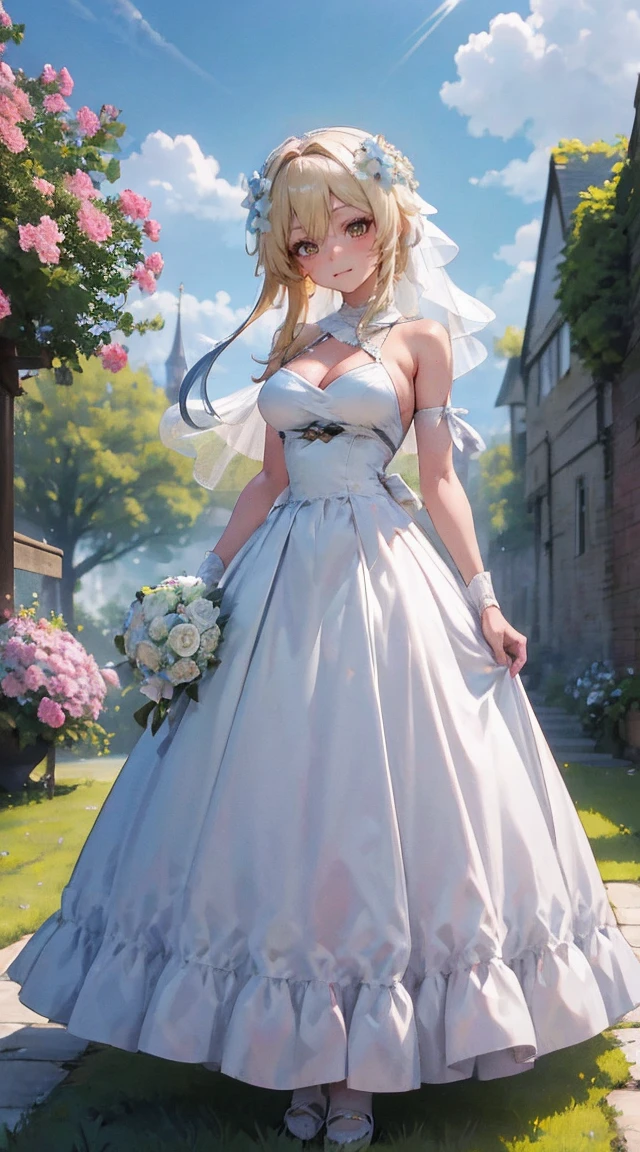 Light | Genshin Impact, masterpiece, best quality, 1 Girl,25 years old, proportional body, proportional., wedding服, White Wedding Dress, Long skirt, wedding, Medium breasts, ,only, Standing in the middle of the garden, outdoor, wedding, The sky is beautiful, Holding a bouquet of flowers in both hands............, View from the front., Thigh straps, Head tilt, boring, 10, 10, HD, Smile,