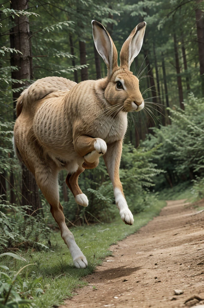 : The hare sprinting ahead with incredible speed, leaving a cloud of dust behind. In green forest