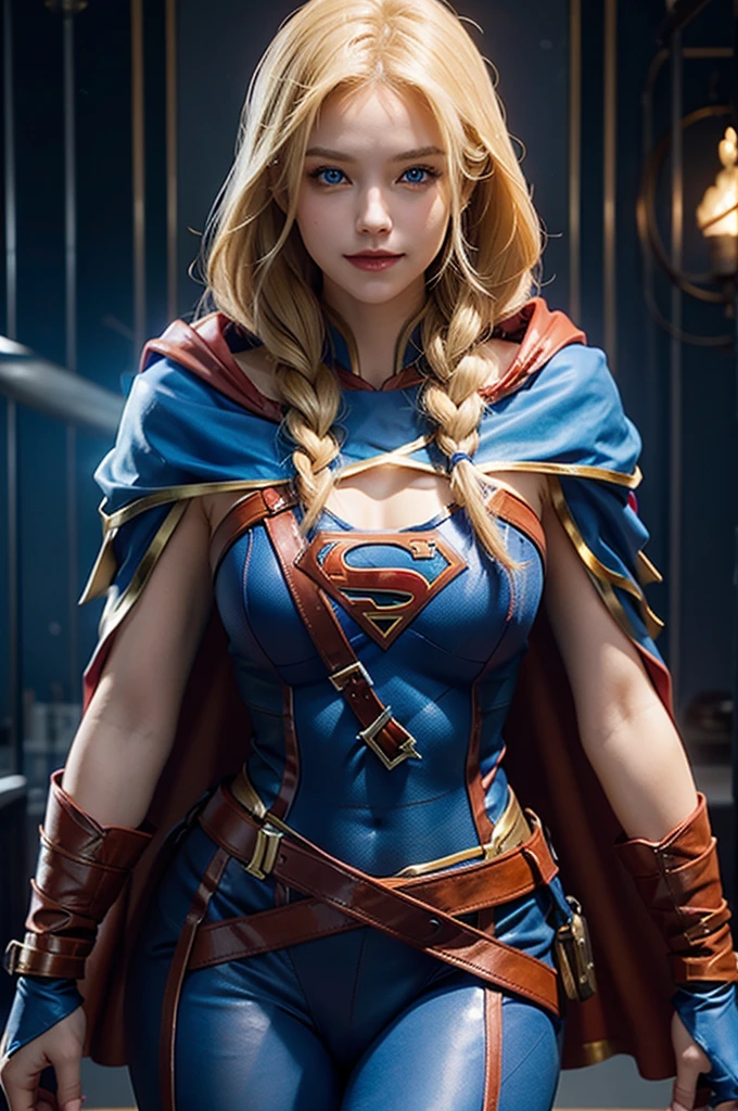 The character Supergirl, extremely beautiful face, extremely blond hair, beautiful anatomy, perfect blue and red costume, sneaky smile, perfect smooth curves, beautiful brilliant blue eyes