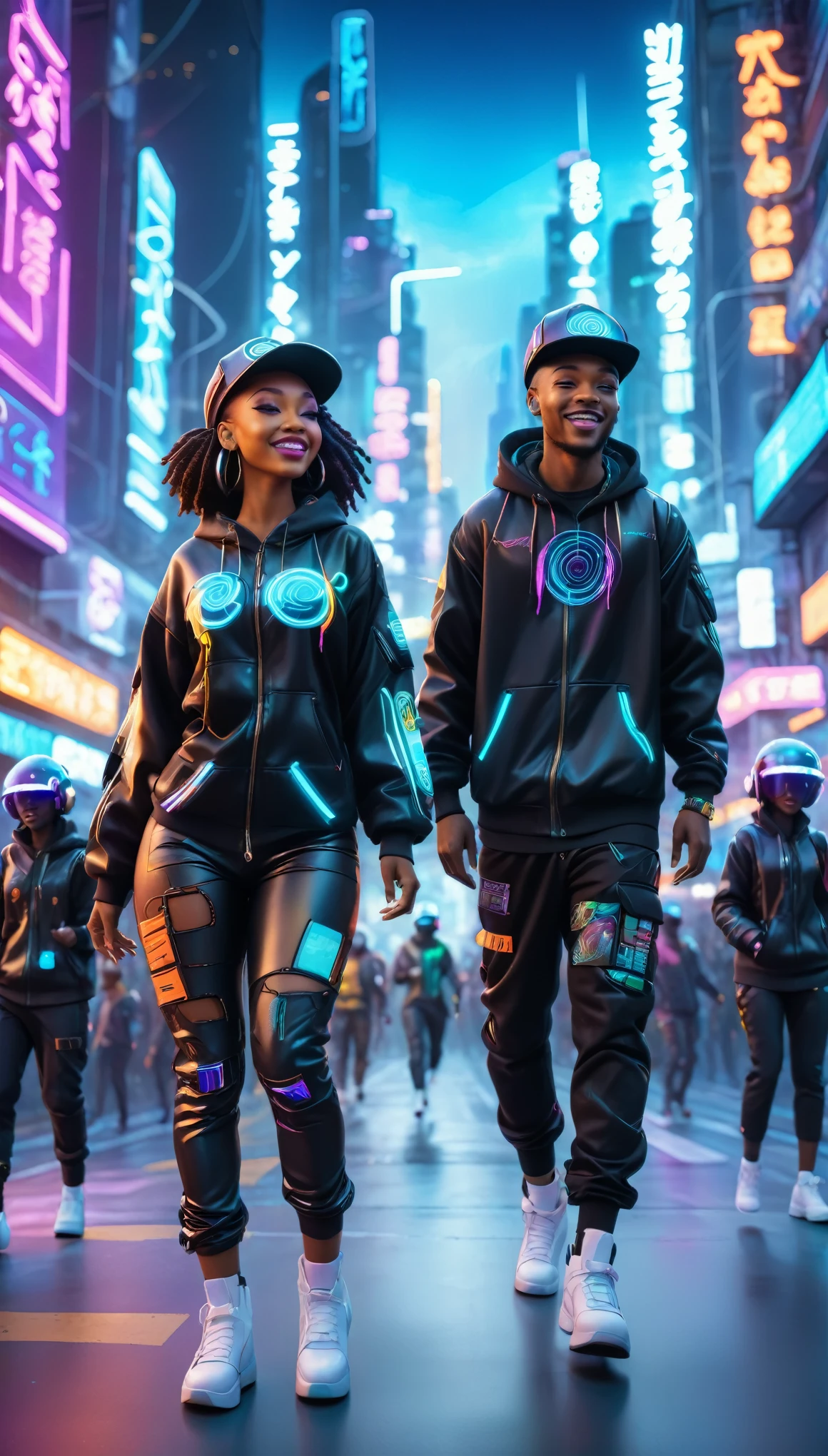 BLACK people dressed in urban clothes, 1 hood, Futuristic hat with visor, In a high-tech cityscape with neon lights and holographic signs、HAPPY DANCING on the road. The background is modern and cyberpunk, high tech vibe. Lovely Digital Painting, 3D rendering, Bright lighting, swirly vibrant colors.