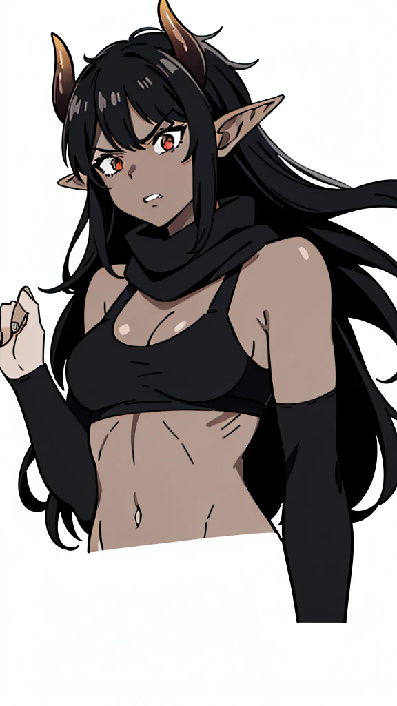 (1girl ,25s,adult,mature female),long hair, black hair,horns,elf ears,((black scarf)),cleavage,(((dark skin))),(black sports bra, midriff),(white background, line drawing),black sleeves, upper body,looking at view,angry,from front,pov