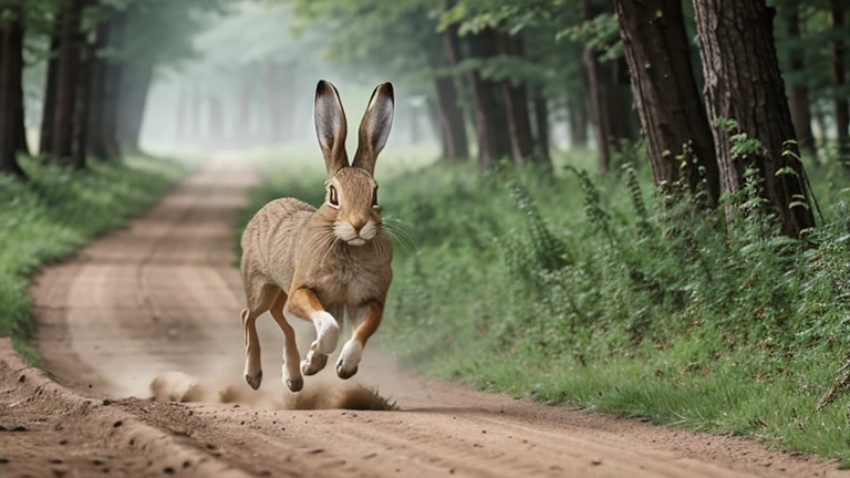 : The hare sprinting ahead with incredible speed, leaving a cloud of dust behind. In green forest