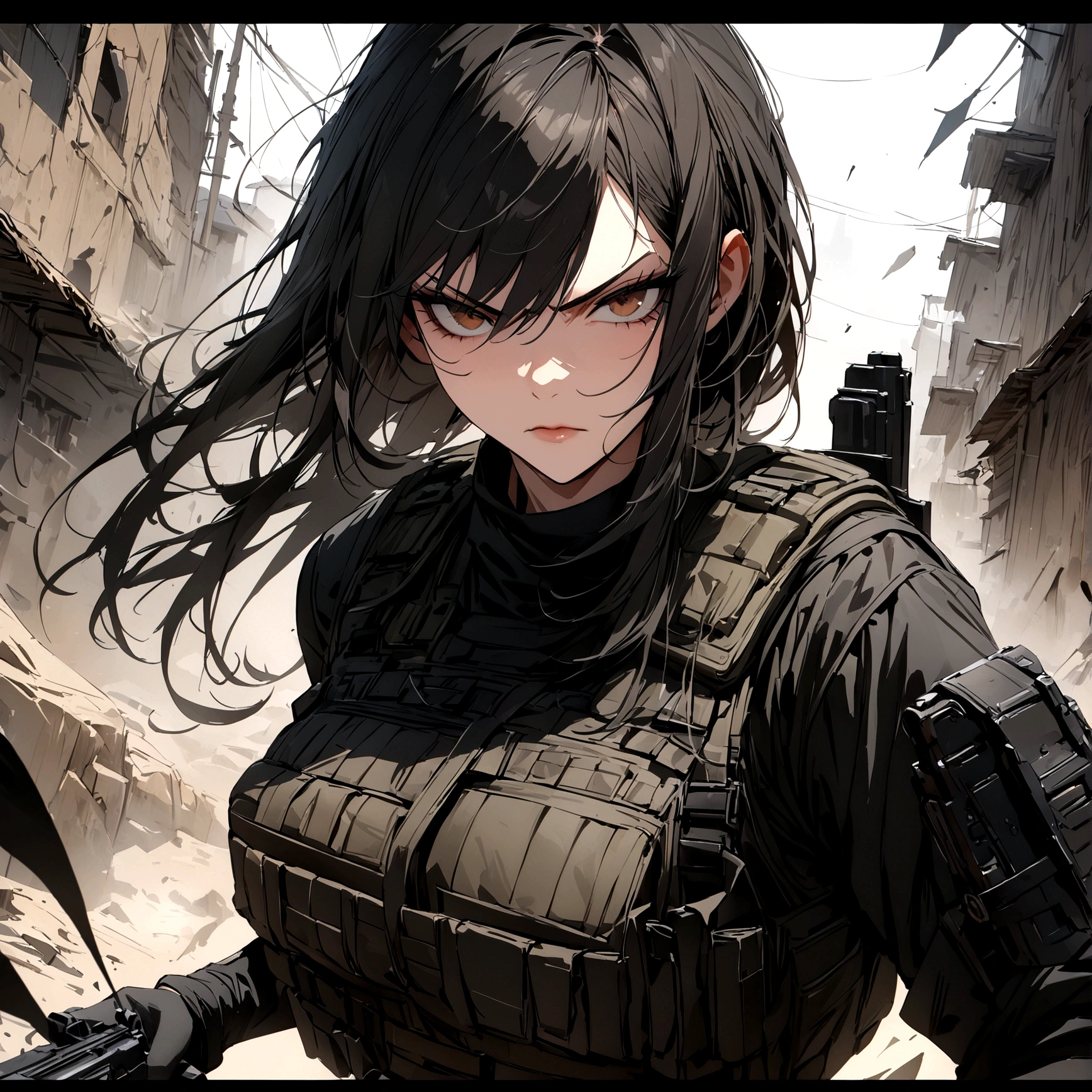 woman with a black outfit and tactical vest, serious face, 4k, assassin women, gun, (8k, best quality, masterpiece: 1.2), ultra-detailed, dynamic, dark