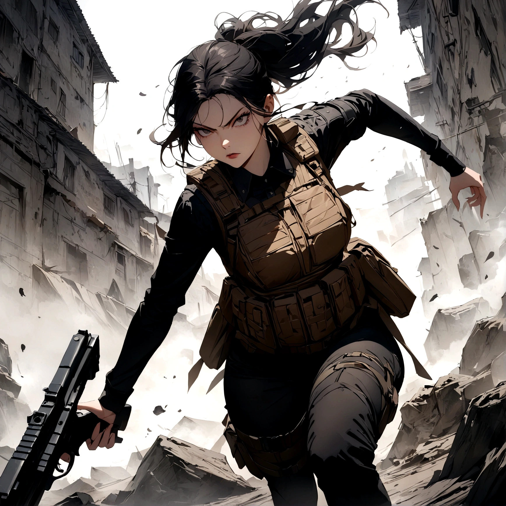 woman with a black outfit and tactical vest, serious face, 4k, assassin women, gun, (8k, best quality, masterpiece: 1.2), ultra-detailed, dynamic, dark