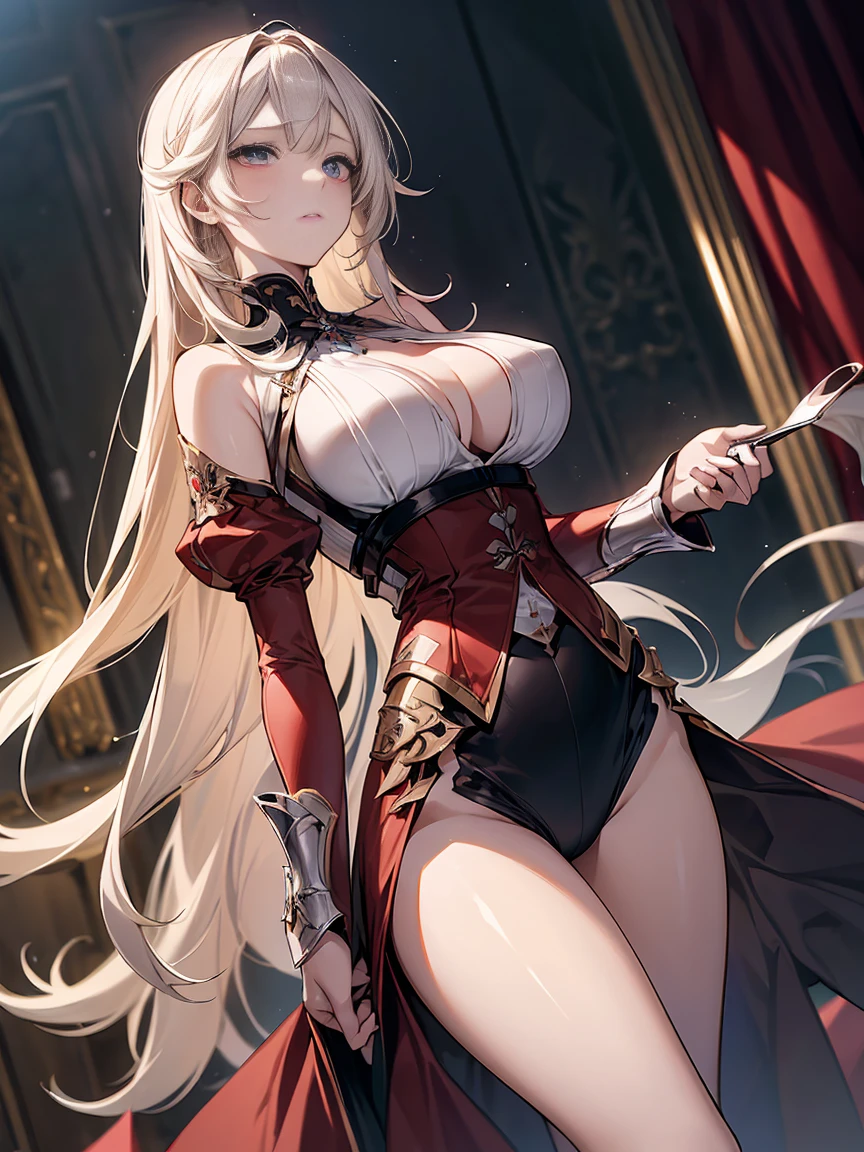 (( (masterpiece),(Very detailedな CG Unity 8k 壁紙),(Half-length photo:1.5), best quality,Cinema Lighting,Reality, Detailed background,Pretty and beautiful eyes,Bright Eyes,(Very elegant and beautiful),(Beautifully detailed eye depiction),Very detailed,masterpiece,high resolution)), Richly decorated armor, Beautiful female warrior, Long hair, Platinum blonde hair, cleveage、Huge breasts、Various actions、All kinds of clothes、Red clothing、Various postures