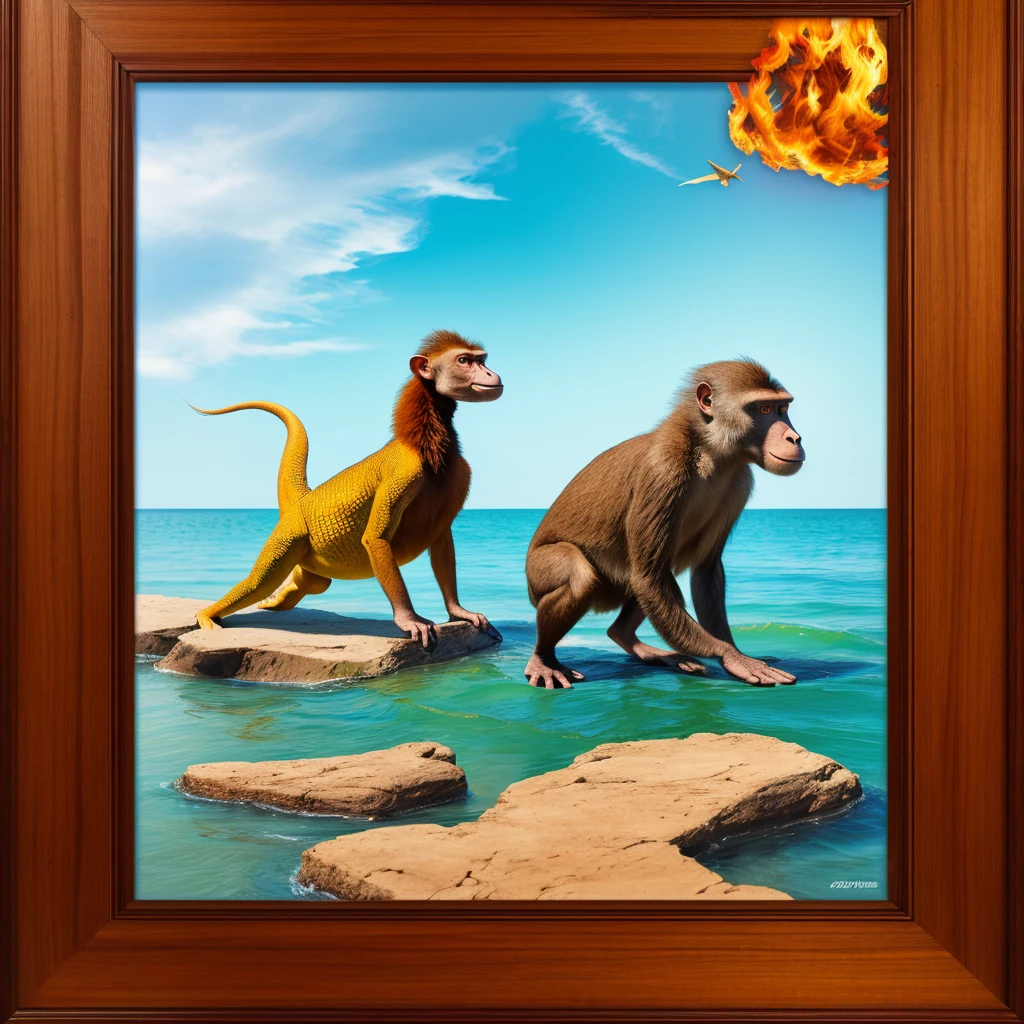 real photography, unique composition that mixes and brings together in an almost surreal design four different types of animals in a single buffalo body, chicken tail, baboons head, lizard arms and legs. There is a frame in the image that refers to the 2d image drawn with lines that become wind and water and fire and earth at the base, WITH TRANSPARENT BACKGROUND