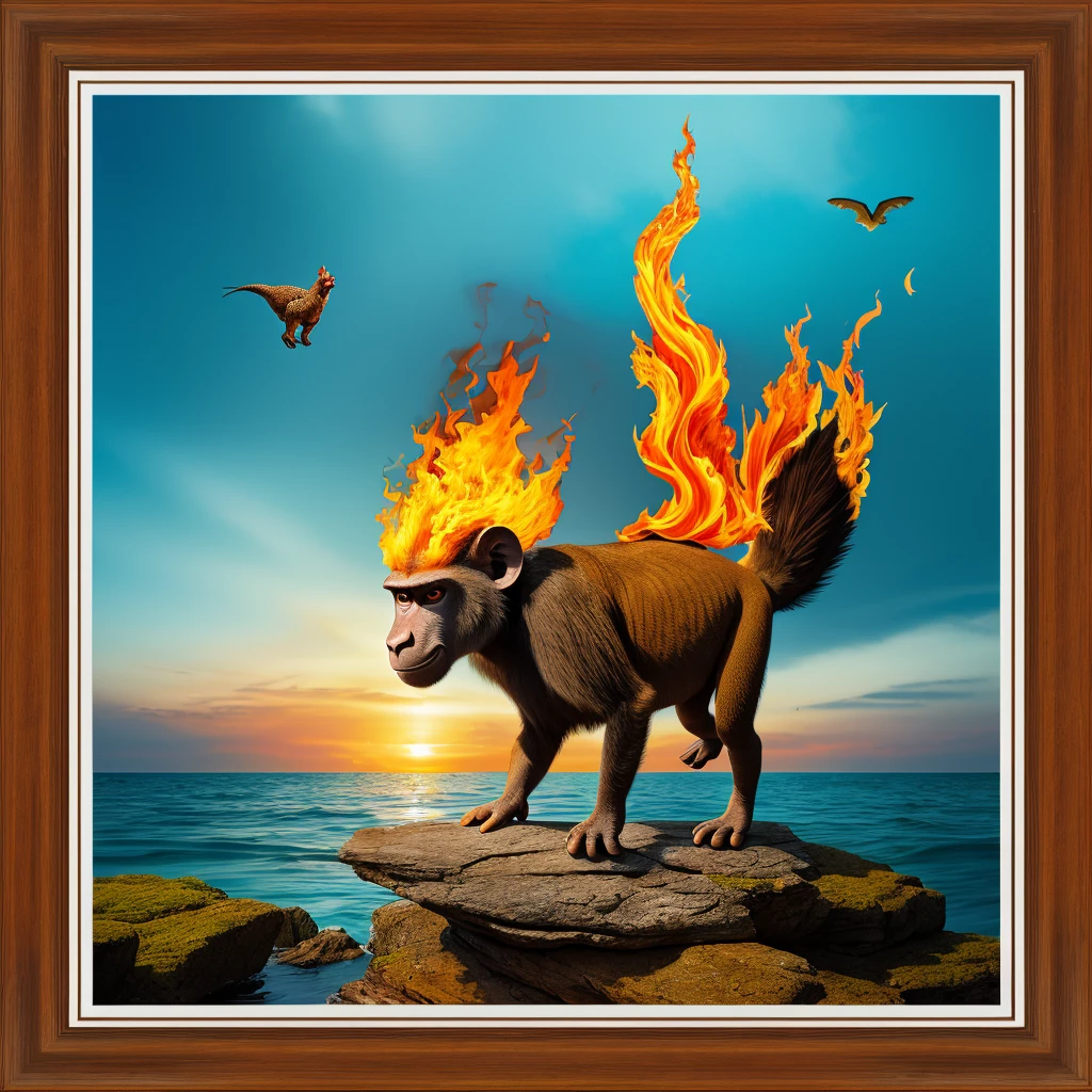 real photography, unique composition that mixes and brings together in an almost surreal design four different types of animals in a single buffalo body, chicken tail, baboons head, lizard arms and legs. There is a frame in the image that refers to the 2d image drawn with lines that become wind and water and fire and earth at the base, WITH TRANSPARENT BACKGROUND