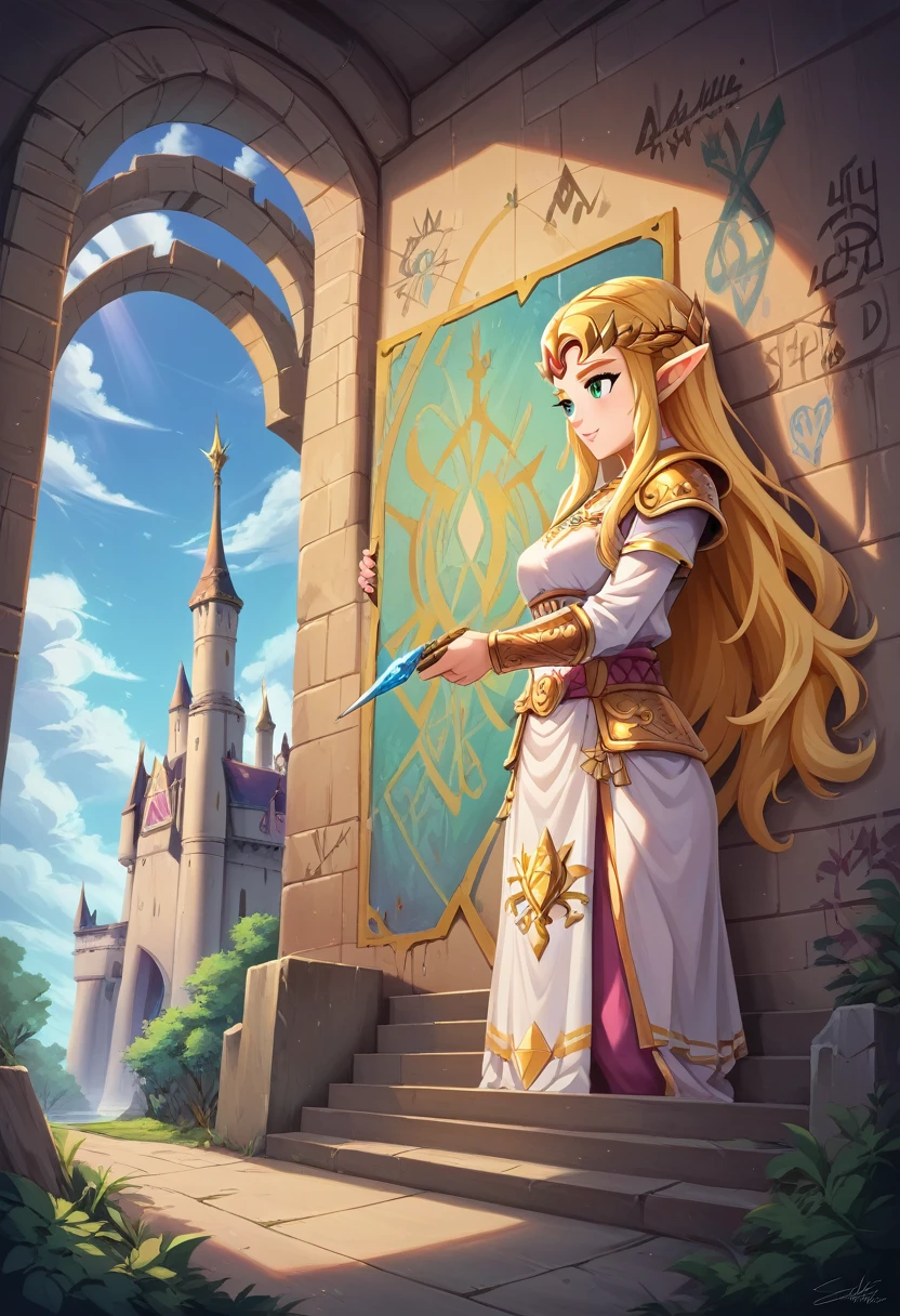 a graffiti painting art on the wall of the castle of  Princess Zelda on the wall of a castle, Princess Zelda (intense details, Masterpiece, best quality: 1.5), ultra detailed face, ultra feminine, fair skin, exquisite beauty, gold hair, long hair, wavy hair, small pointed ears, dynamic eyes color, wearing heavy green and white armor, shinning metal, armed with elven sword, ais-graffiti, chumbasket art style, graffiti art

