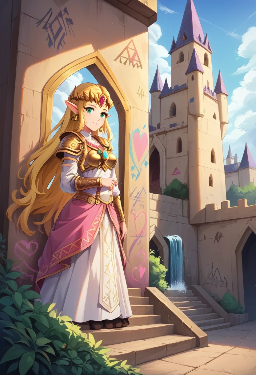 a graffiti painting art on the wall of the castle of  Princess Zelda on the wall of a castle, Princess Zelda (intense details, Masterpiece, best quality: 1.5), ultra detailed face, ultra feminine, fair skin, exquisite beauty, gold hair, long hair, wavy hair, small pointed ears, dynamic eyes color, wearing heavy green and white armor, shinning metal, armed with elven sword, ais-graffiti, chumbasket art style, graffiti art
