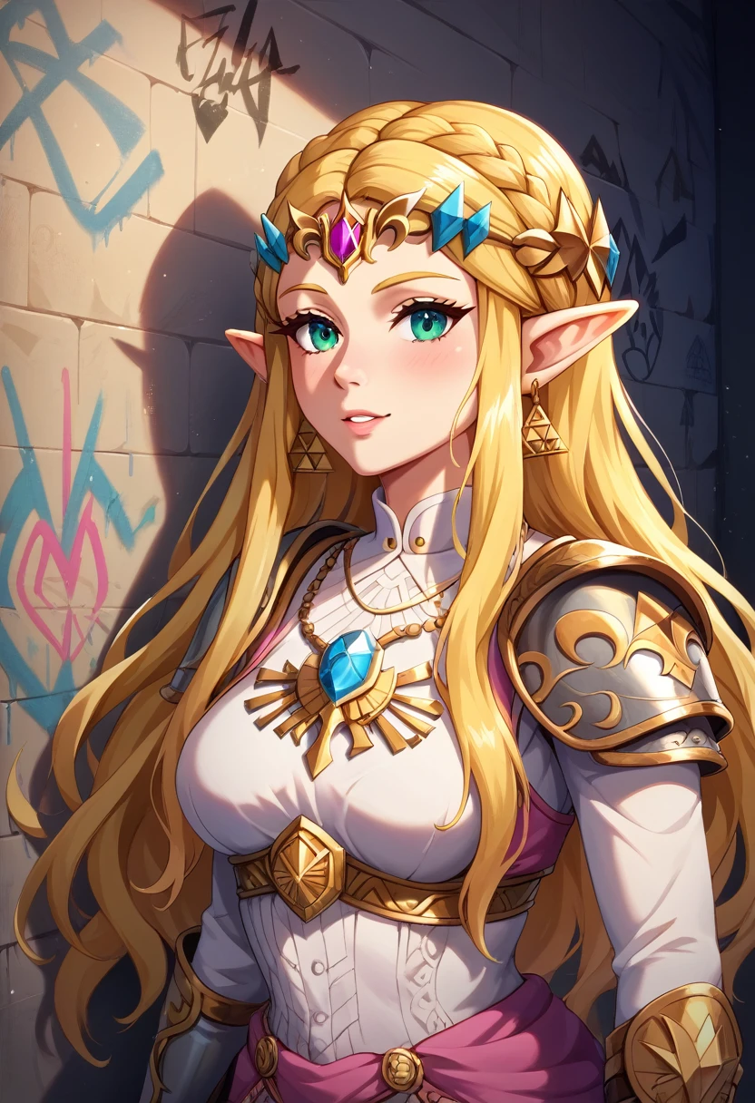 aa graffiti painting art on the wall of the castle of Princess Zelda on the wall of a castle, ,Princess Zelda (intense details, Masterpiece, best quality: 1.5), wearing intricate green dress, delicate diamond crown, ultra detailed face, ultra feminine, fair skin, exquisite beauty, gold hair, long hair, wavy hair, small pointed ears, dynamic eyes color, wearing heavy green and white armor, shinning metal, armed with elven sword, ais-graffiti, chumbasket art style, graffiti art
