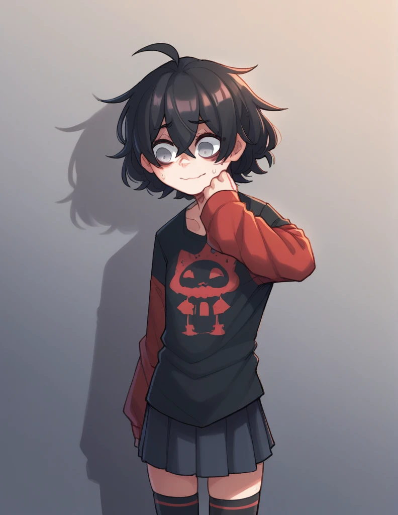 1 girl, alone, ppka, black fur, short hair, messy fur, Ahoge, parts, parts por todo el cuerpo, grey eyes, empty eyes, blind, nervous, slight smile, cute look,
black shirt, wide shirt, Skirt , Skirt roja, Skirt negra a rayas, lycra sleeves, long sleeves, sleeves under the shirt, red sleeves with black stripes, long socks, thigh high stockings, black stockings,
Taking out the rear a little, slightly flexible position 