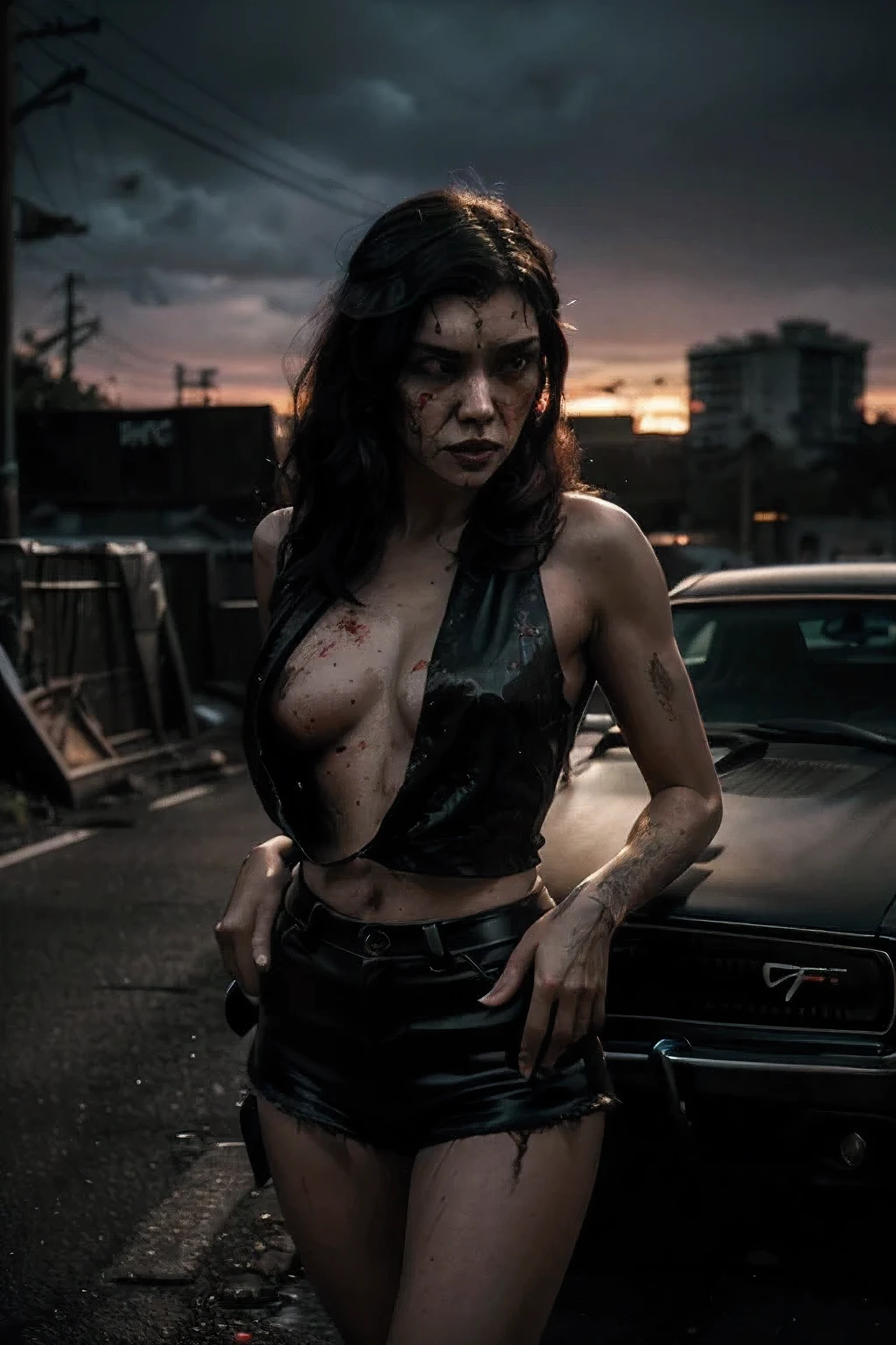 At night time, a Masterfully drawn (((comic Horror poster style))) for a (retrospective world) featuring a sleek, (((Dodge Charger muscle car))) blood splatter, blood drops stains, against a backdrop of a (sunset) on a desolate ruined city road atmosphere, a Asian beautiful woman is messy bun in thin camisole , large breasts, nipple, standing in front of scar, holding rifle 
automatic, evoking a sense of synthwave, advanced details that give the scene a (hyper realistic, 8K professional photography art) quality, with a (grungy) atmosphere that suggests an (eerie dark sinister mood), further advanced by the (calligraphy elements) , with the words "One Night In Bangkok" and (process colors) of a (maximalist photo illustration by Marton Bobzert) that brings all the details to life in (8K resolution)
