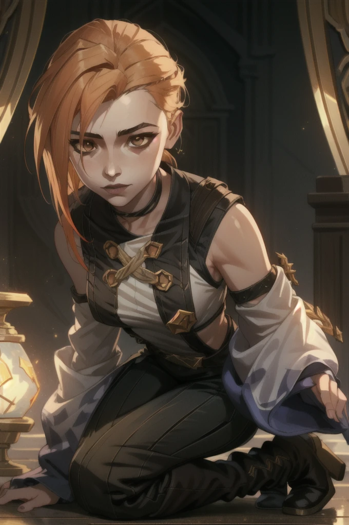 (masterpiece, best quality),  intricate details,
1girl,        ChopioArcaneJinx,

Estilo Arcane (league of Legends), a woman wearing black pants and gold details with high boots, a white shirt with long, wide sleeves and slightly wavy light pastel orange hair with brown eyes. sonríendo levemente.