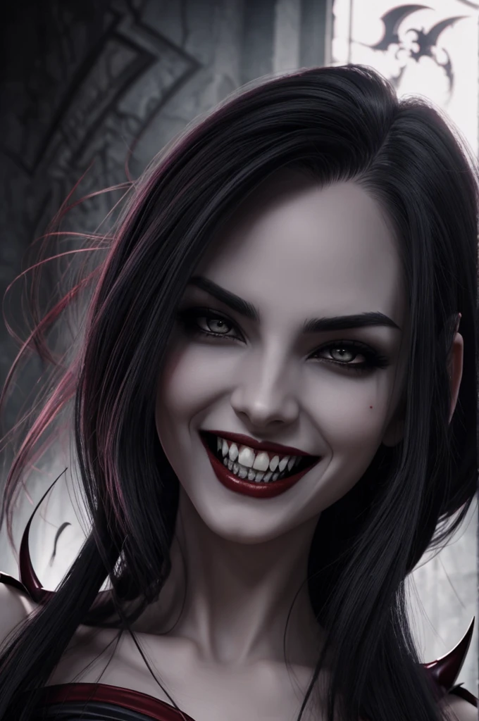 nsfw, 1mature adult woman, solo,  a bewitching vamp, 3, sexy MILF, evil femme fatale, lady from hell, vampire beauty, femme fatale, evil apostle of darkness, peerless beauty, a Vampire Kiss, Long, wavy, shiny black hair, arched eyebrows, double eyelids, golden eyes, a beautiful nose, (A evil smile that lifts the corners of her mouth:1.3),(Dark lips, glossy lips), Fangs, tongue, saliva, Focus only on the mouth, Woman mouth close up, glamorous, soft and curvy, Neck, collarbone, cleavage, saggy huge breasts, from front, perfect anatomy, ideal facial features, ideally proportioned figure, perfectly beautiful body, super detailed skin, glossy skin, Beautifully detailed mouth, beautifully detailed teeth, beautifully detailed fangs, beautifully detailed tongue, beautifully detailed lips, masterpiece, incredibly absurd res, absolutely resolution, ultra high res,

