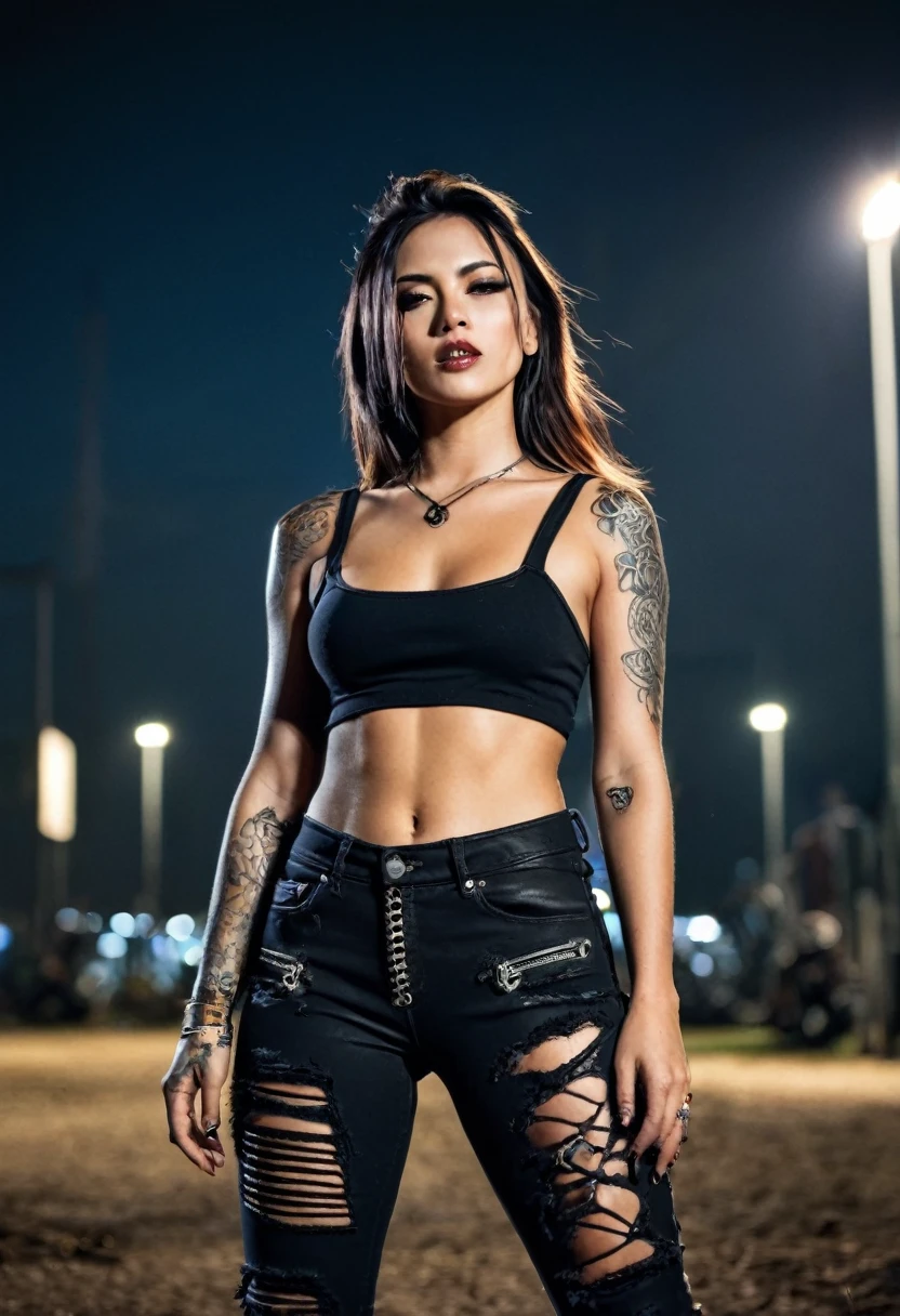 Best Quality,Masterpiece,Ultra High Resolution,(Realisticity:1.4),Original Photo,Cinematic Lighting, 1girl, solo, Metalhead Style girl at night under the moonlight, Hot Body, ABS, tattooed, wearing ripped black pants, black clothes, fit body, heavy metal style, heavy metal art style, heavy metal concert background. realistic, datailed, detailed face, 4K.