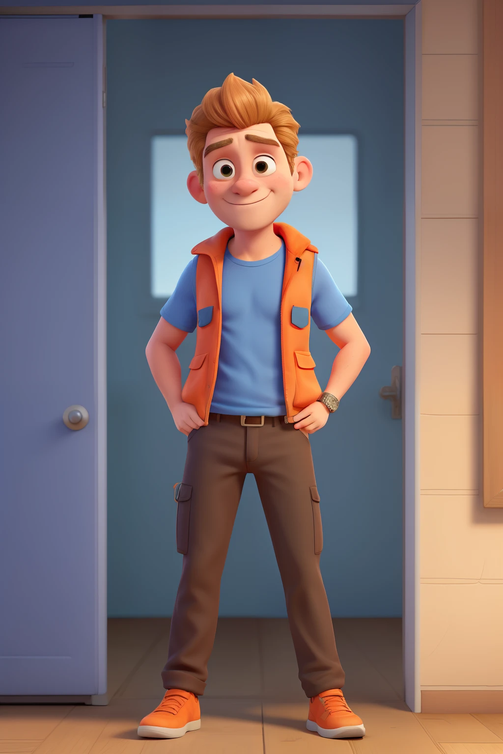 naughty man, blue shirt and an orange vest on the outside, closed up