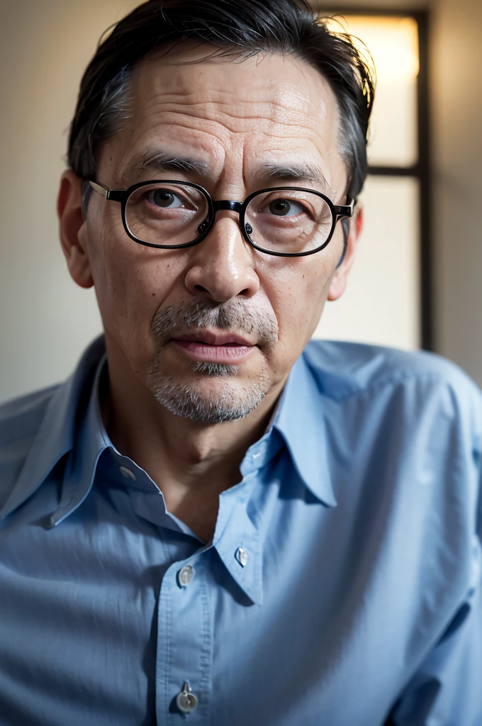 A middle-aged man with glasses, a blue button-up shirt, and a neutral expression, 1 man, portrait, detailed facial features, high quality, 8k, photorealistic, masterpiece, studio lighting, cinematic lighting, warm color tones, soft shadows, realistic textures, Bill Gates, former Microsoft director, 2024