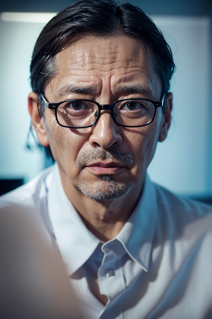 A middle-aged man with glasses, a blue button-up shirt, and a neutral expression, 1 man, portrait, detailed facial features, high quality, 8k, photorealistic, masterpiece, studio lighting, cinematic lighting, warm color tones, soft shadows, realistic textures, Bill Gates, former Microsoft director, 2024