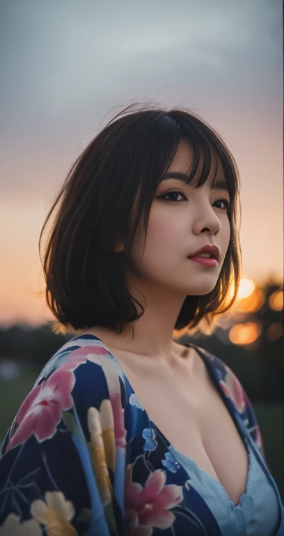 (A beautiful detailed woman in a blue kimono dress, bob_hair_side_bangs, fair skin, dark lips, walking in a snowy night, dark background, dawn sunset, extremely detailed skin, extremely detailed eyes, ample_round_bosom, Intellectual_charisma, depth of field, 8k, dslr, dim lighting, warm_focus_light, high quality, film grain, low_angle_shot, the_cowboy_shot)