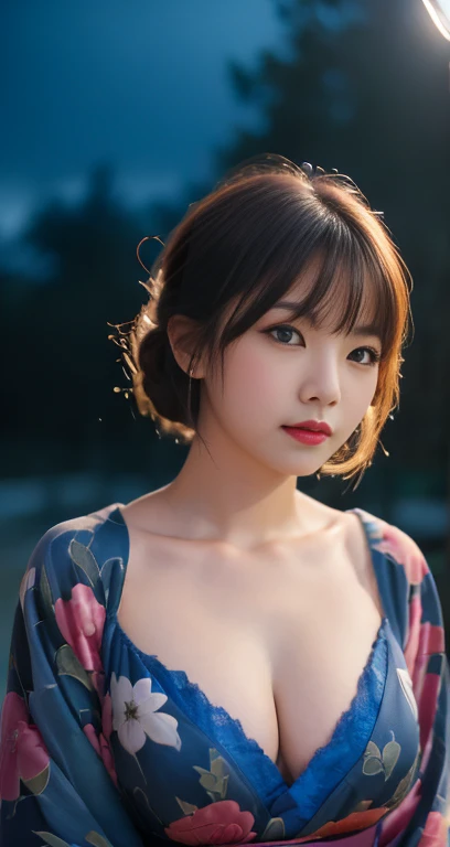 (A beautiful detailed woman in a blue kimono dress, bob_hair_side_bangs, fair skin, dark lips, walking in a snowy night, dark background, dawn sunset, extremely detailed skin, extremely detailed eyes, ample_round_bosom, Intellectual_charisma, depth of field, 8k, dslr, dim lighting, warm_focus_light, high quality, film grain, low_angle_shot, the_cowboy_shot)