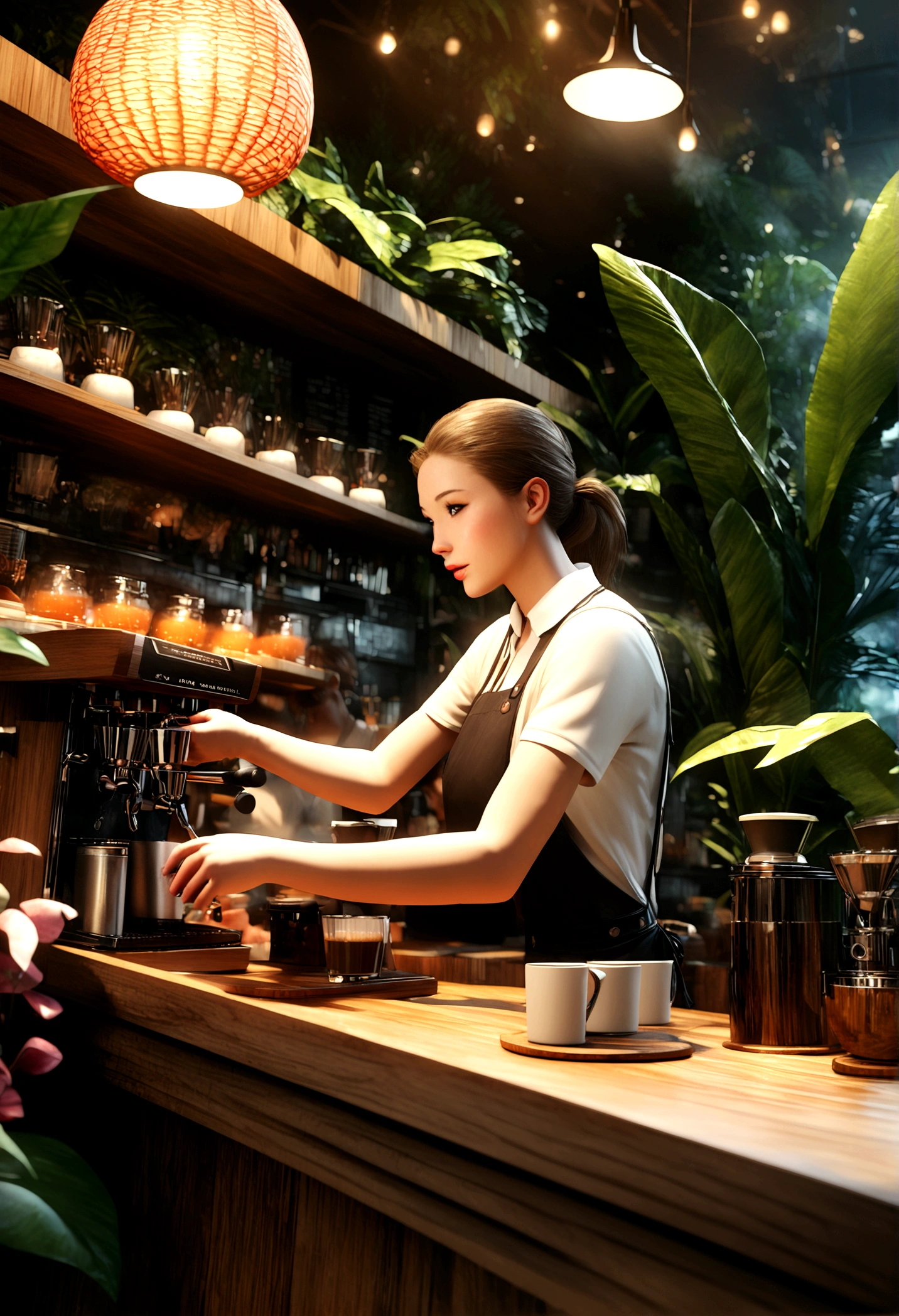A lush jungle coffee shop, detailed realistic 3D,beautiful tropical plants and flowers, warm lighting, cozy atmosphere, intricate wooden furniture, barista making coffee, steam rising, people enjoying coffee, photorealistic, 4k, high quality, vibrant colors, cinematic lighting, hyper detailed, masterpiece
